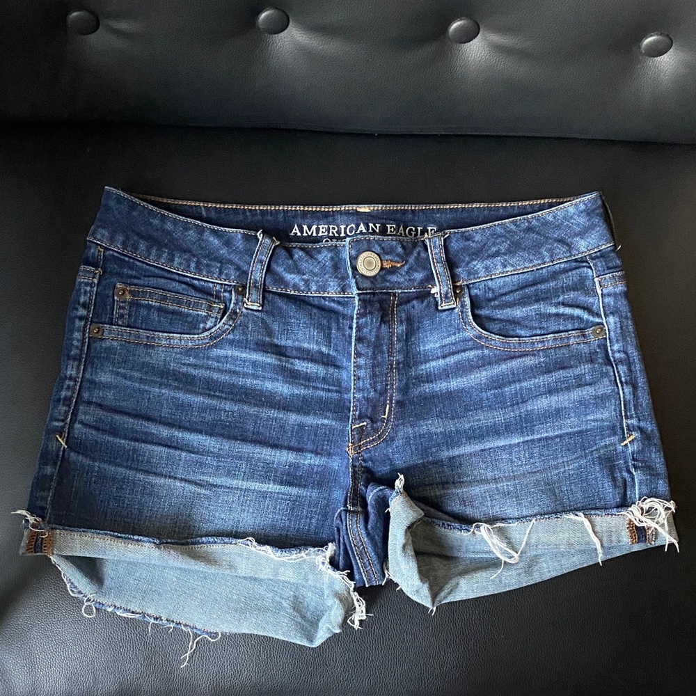 American Eagle Outfitters Women's Distressed Blue Jean ‘Shortie’ Shorts